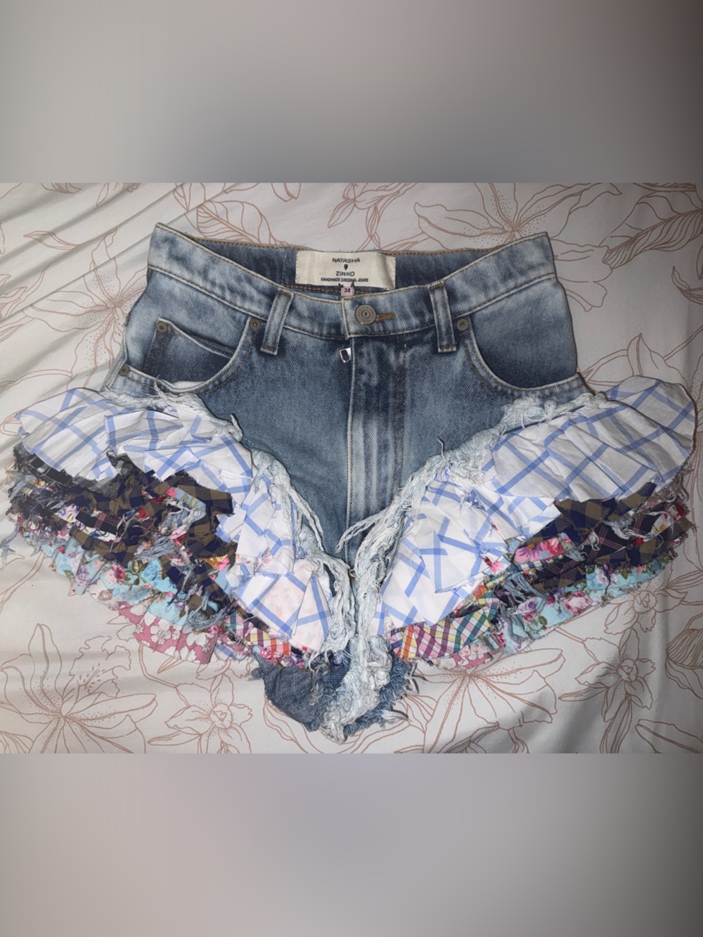 Natasha Zinko Distressed Multi-Color Patchwork Denim Shorts